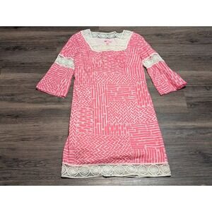 Lilly Pulitzer Pink Bamboo Print Crochet Lace Trim Shift Dress XS Resortwear